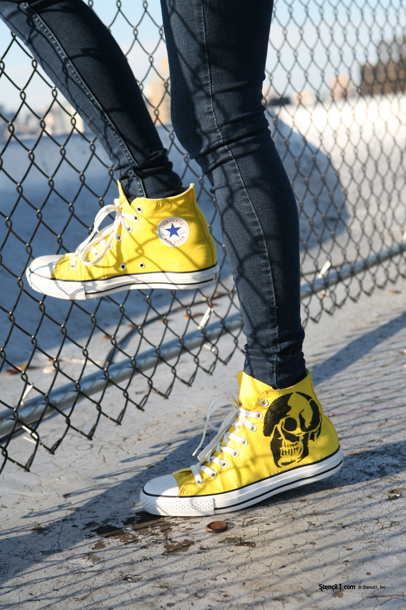 skull stencil stenciled yellow converse