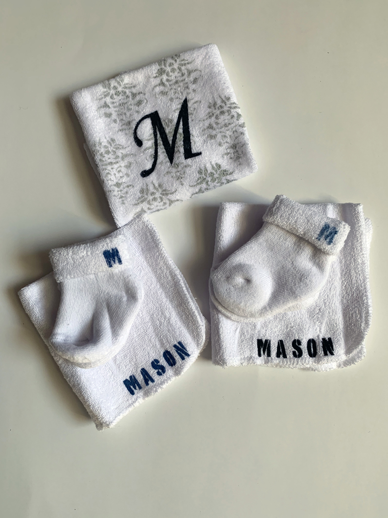 M Letter Stenciled baby socks, towel