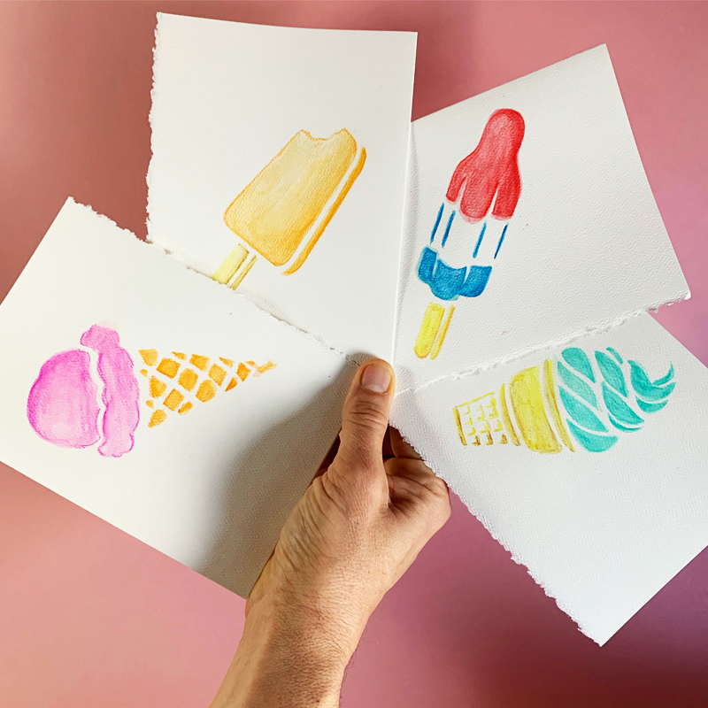 Ice Cream Stencil Set Stenciled Greeting Cards with Watercolor Pencils