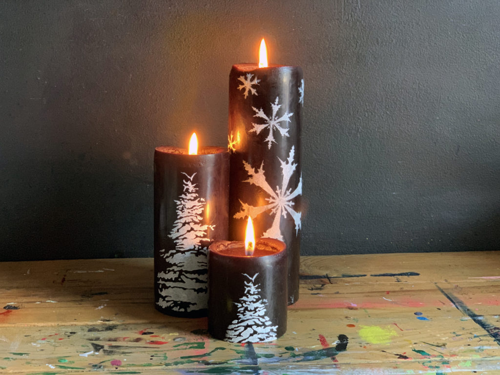 Winter Holiday Stencil Set Stenciling on Candle