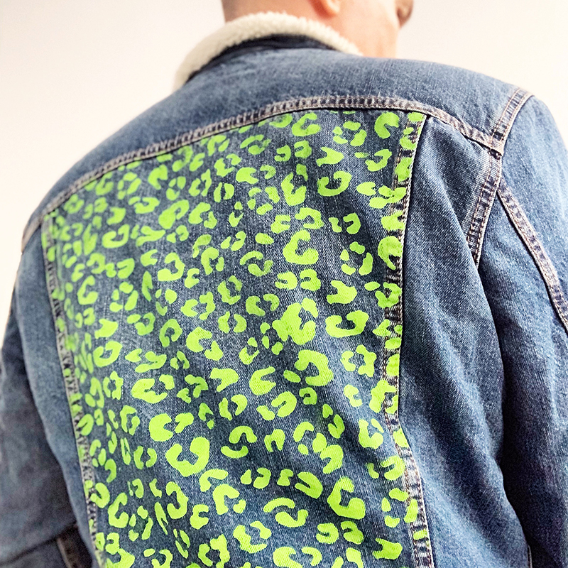 Leopard Repeat Pattern Stencil Lime Green Stenciled on Denim Jacket
