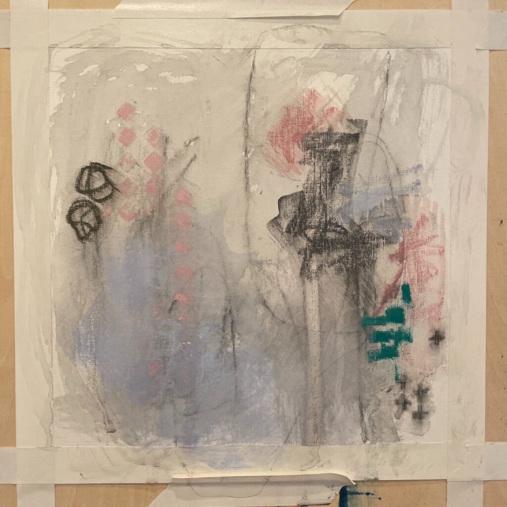 gray and pink diamond pattern with 2 black round marks