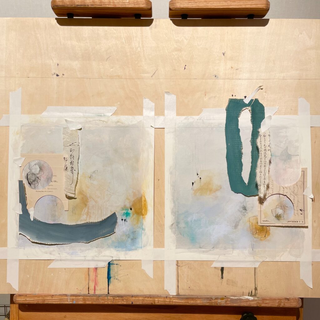 2 papers side by side on easel with unglued collage elements