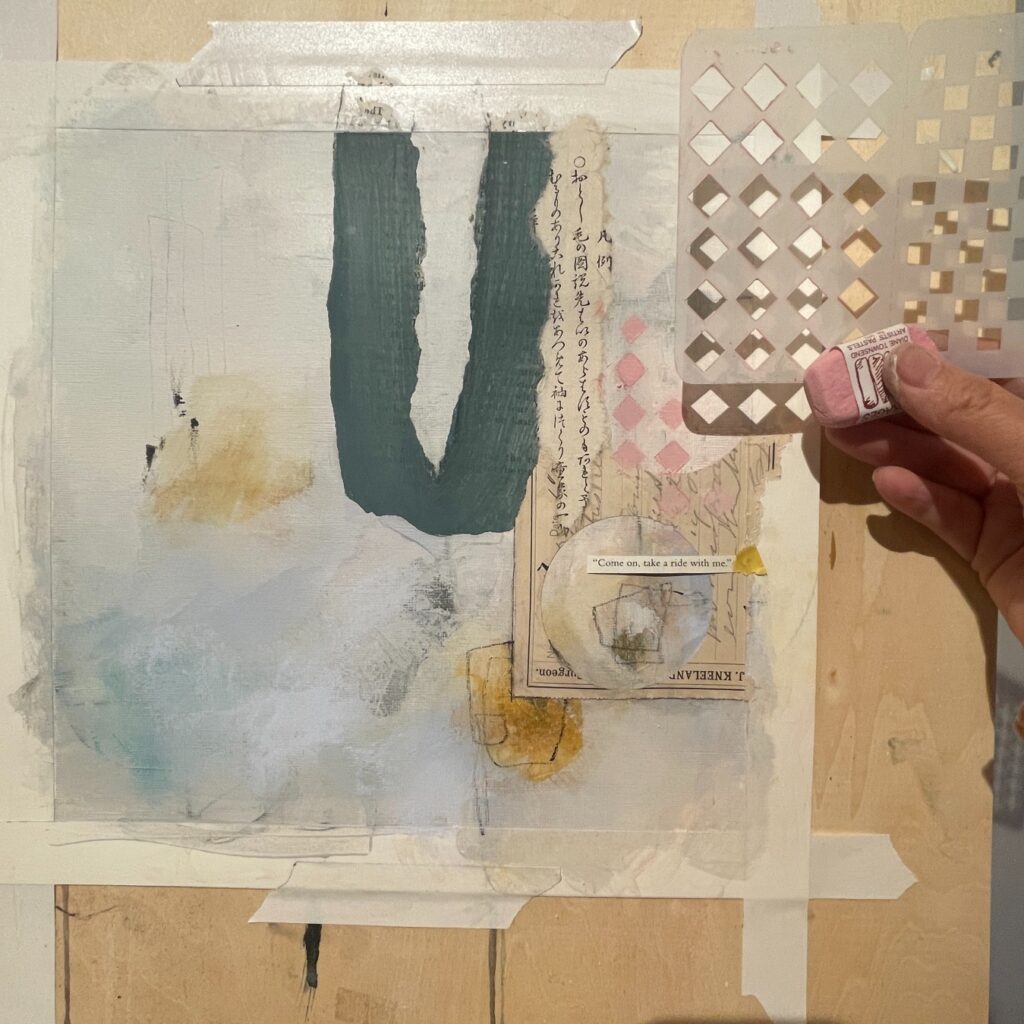 glued down collage and pink pastel with diamond stencil