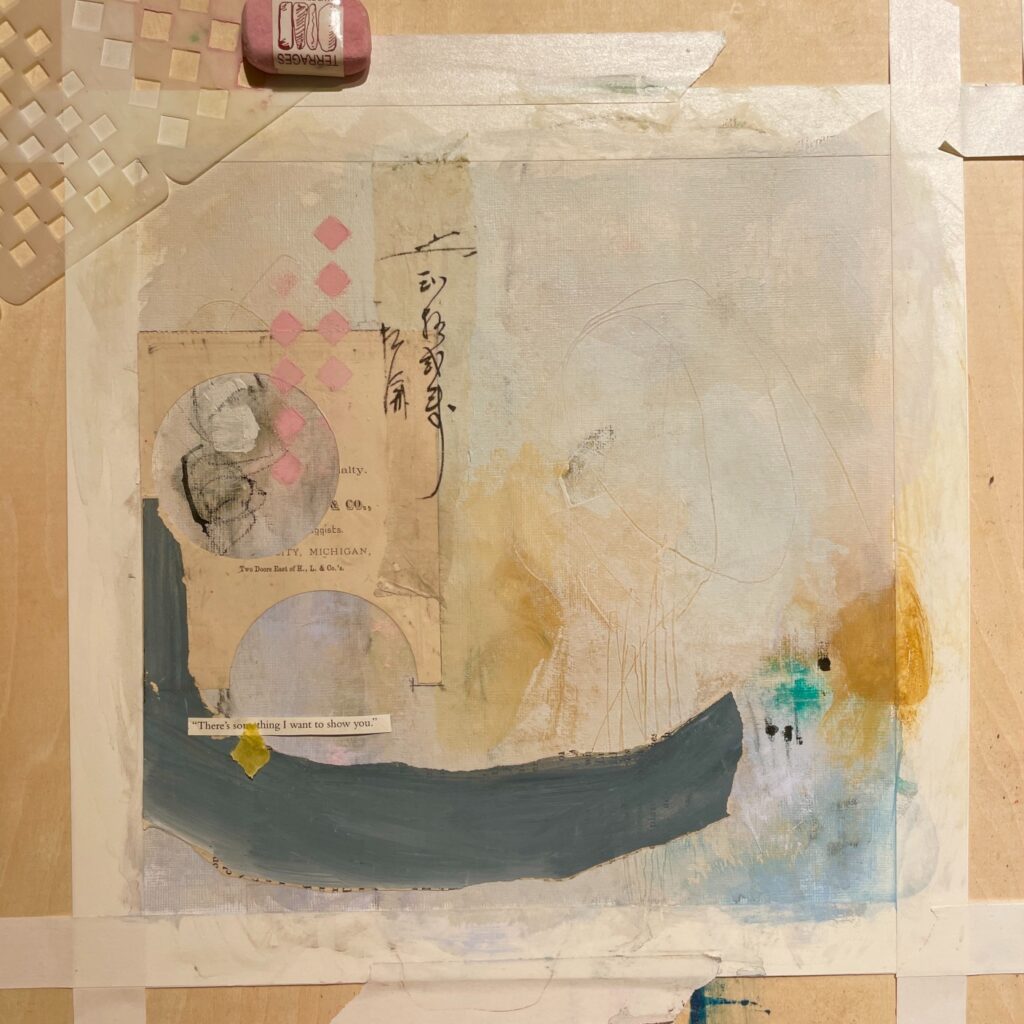 glued down collage and pink pastel with diamond stencil