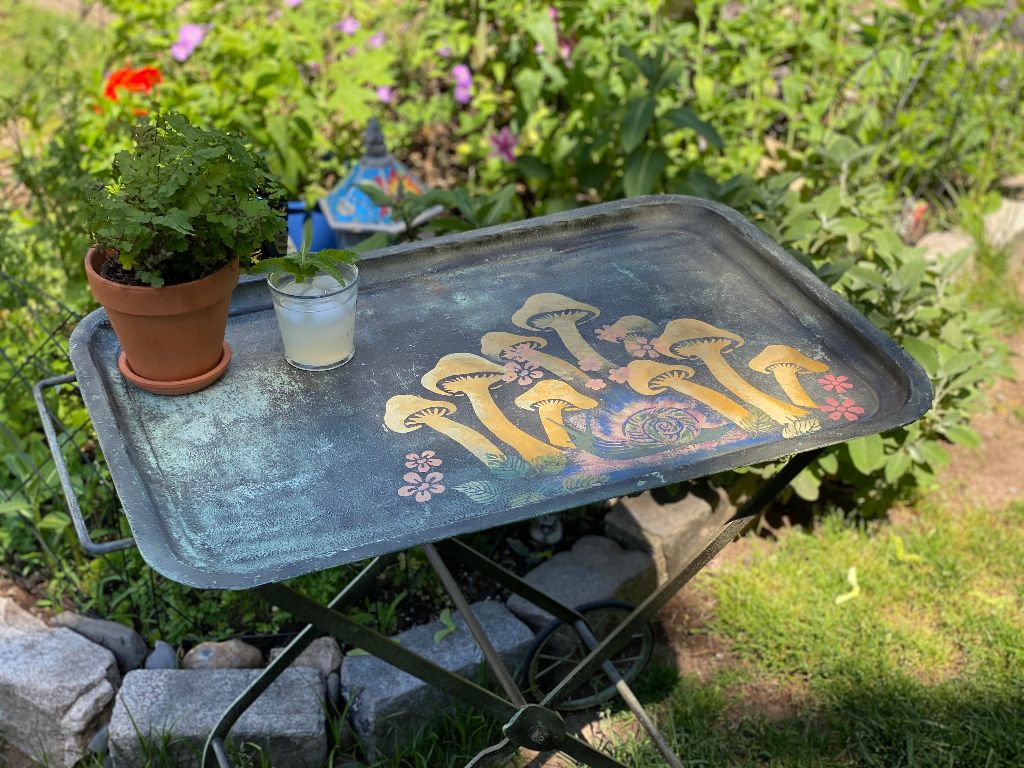 A garden cartwith stenciled designs