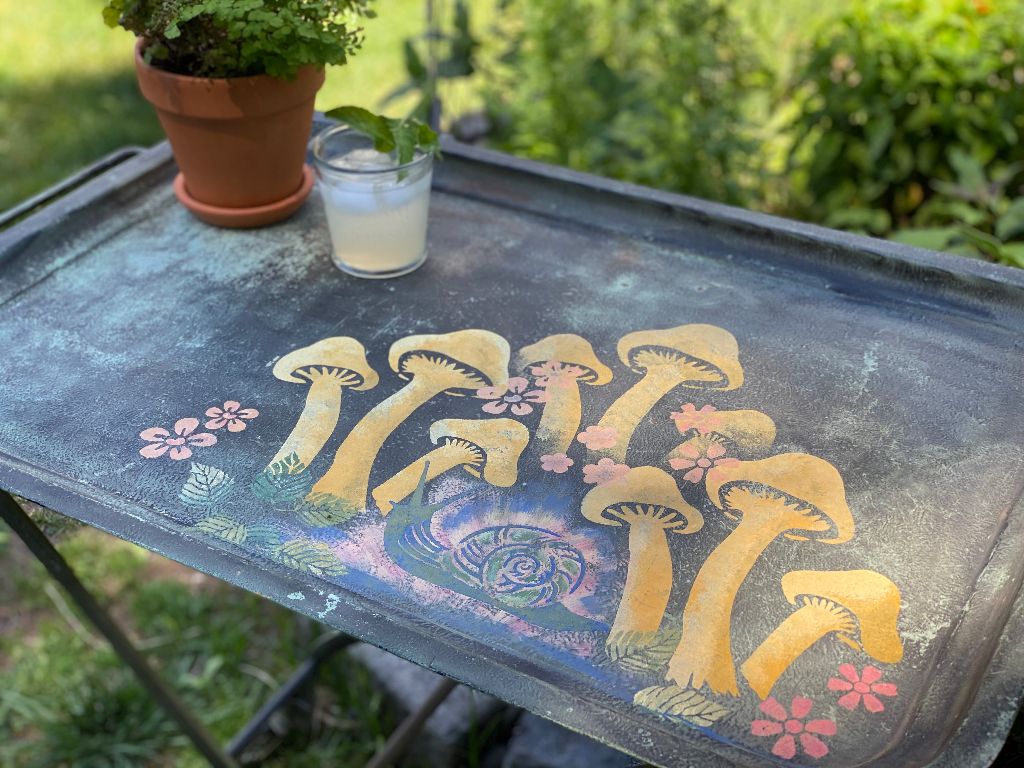 A garden cart with stenciled designs