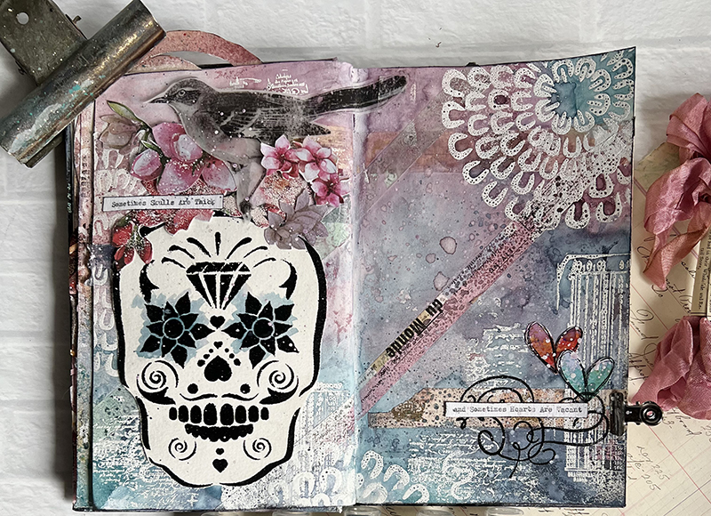 sugar skull stencil used in mixed media 